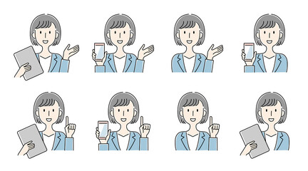 	手描き風・スマートフォンやタブレットを持って案内をする女性のベクターイラストセット