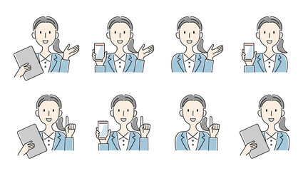 手描き風・スマートフォンやタブレットを持って案内をする女性のベクターイラストセット