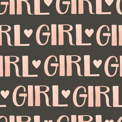 Girl watercolor lettering with heart seamless pattern on dark background