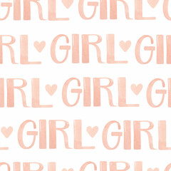 Girl watercolor lettering with heart seamless pattern 