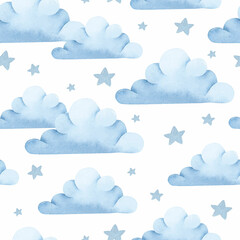 Clouds and stars watercolor seamless pattern wallpaper