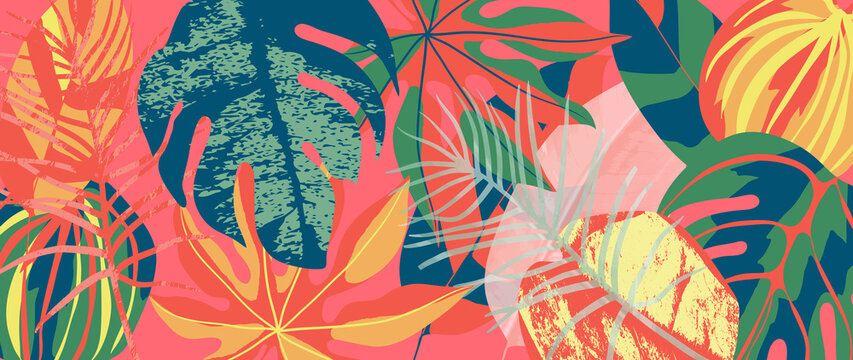 Abstract foliage and botanical background. Colorful tropical wallpaper of palm, monstera leaves, branch and jungle. Exotic plants in summer on pink background for banner, prints, decor, wall art.