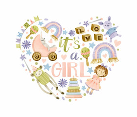 Watercolor It's a girl heart shape illustration with toys and lettering 