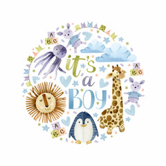 Watercolor It's a boy round illustration with toys and lettering	 