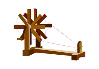 Illustration of charkha on the birthday of Gandhi. National handloom day. Wooden charkha, weaving equipment.