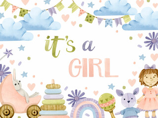 It's a girl watercolor frame with toys and lettering baby shower invitation