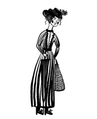 drawing picture of mary poppins standing with umbrella, sketch, hand drawn digital vector illustration