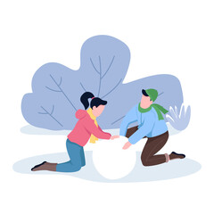 Couple making snowman together semi flat color vector characters. Sitting figures. Full body people on white. Park visitors simple cartoon style illustration for web graphic design and animation