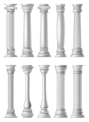 Antique columns, realistic icon set. Classic stone pillars of roman or greece architecture with twisted and groove ornament for facade design