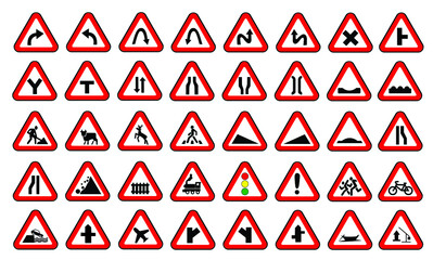 Collection of traffic, work, safety, harmful road safety signs. Safety alerts or indications. 