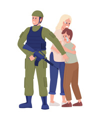 Soldier protects family semi flat color vector characters. Standing figures. Full body people on white. Militant defends people simple cartoon style illustration for web graphic design and animation