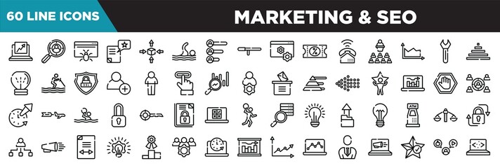 marketing & seo line icons set. linear icons collection. trending, headhunting, web crawler, wish vector illustration