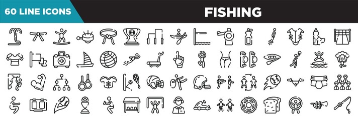 fishing line icons set. linear icons collection. grappling hook, black belt, highlining, ringer vector illustration