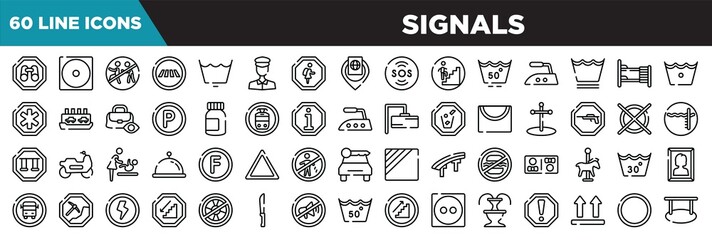 Fototapeta na wymiar signals line icons set. linear icons collection. site seeing place, dry low heat, chasing prohibited, road crossing vector illustration