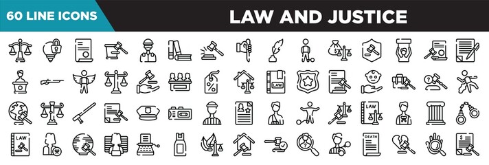 law and justice line icons set. linear icons collection. law balance, intellectual property, contract law, court trial vector illustration