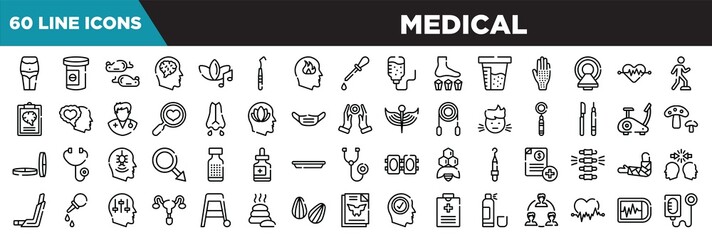 medical line icons set. linear icons collection. belly, antidepressants, mice, neurology vector illustration