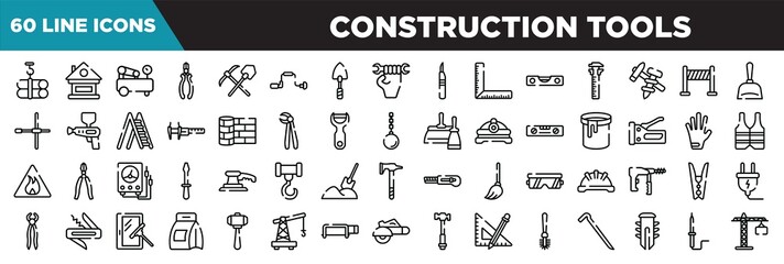 construction tools line icons set. linear icons collection. tubes hook, lodge, air compressor, nippers vector illustration