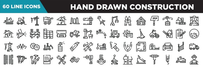 hand drawn construction line icons set. linear icons collection. excavator side view, null, construction crane hine, trolley with cargo vector illustration