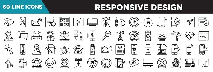 responsive design line icons set. linear icons collection. chatting, lace, new email, finger touching tablet screen vector illustration
