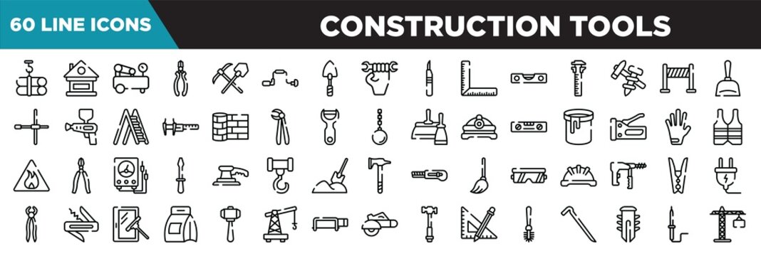 construction tools line icons set. linear icons collection. tubes hook, lodge, air compressor, nippers vector illustration