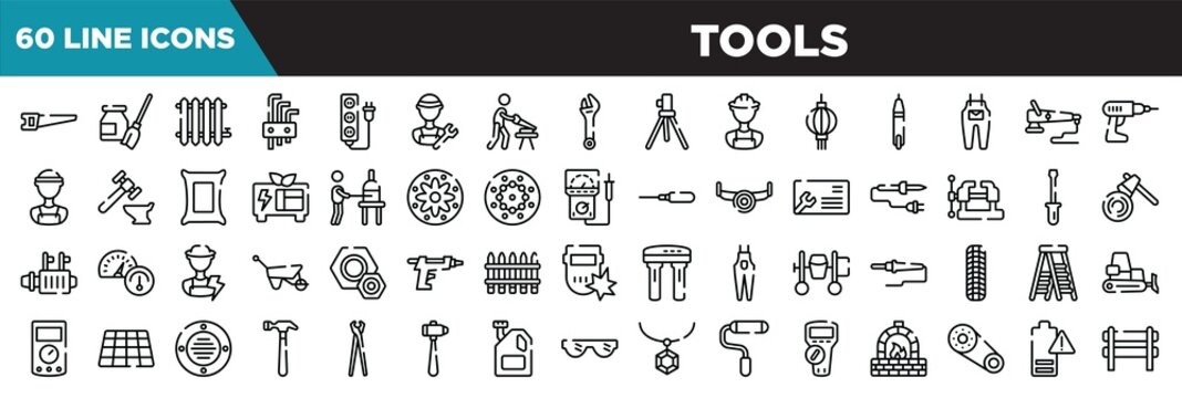 tools line icons set. linear icons collection. hacksaw, turquoise, radiator, allen keys vector illustration