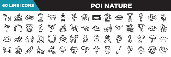 Fototapeta na wymiar poi nature line icons set. linear icons collection. horse standing, trophy of horses races, bird and egg, hook vector illustration