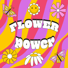 Square card with flowers and butterflies in retro doodle style. The typographic phrase Flower power. Color vector illustrations with a stroke on a bright striped background.