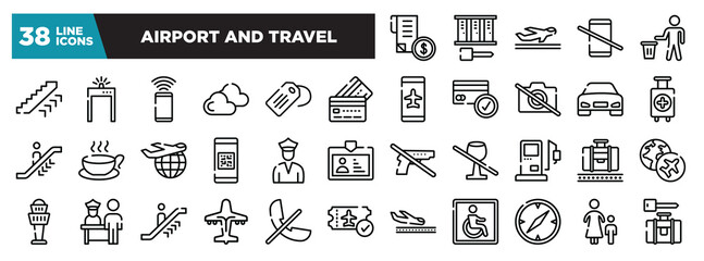 set of airport and travel icons in thin line style. outline web icons collection. receipt with dollar, three lockers with key, departures, no mobile phones allowed, use bin vector illustration - obrazy, fototapety, plakaty