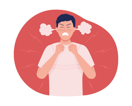 Man in fury 2D vector isolated illustration. Sense of very strong anger flat character on cartoon background. Feeling violent rage colourful scene for mobile, website, presentation