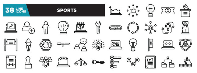 set of sports icons in thin line style. outline web icons collection. area chart, satisfied, black lightbulb, discount voucher, manual voting vector illustration