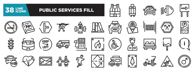set of public services fill icons in thin line style. outline web icons collection. high visibility vest, hand luggage, car frontal view, car light, one way vector illustration