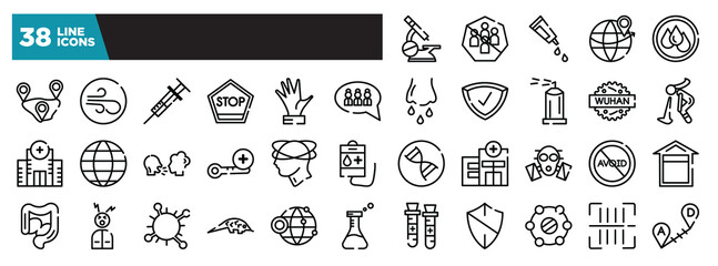 set of icons in thin line style. outline web icons collection. microscope, avoid crowds, gel, worldwide, wet vector illustration