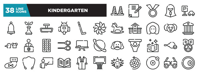 set of kindergarten icons in thin line style. outline web icons collection. bollards, homework, medals, spartan, car park vector illustration