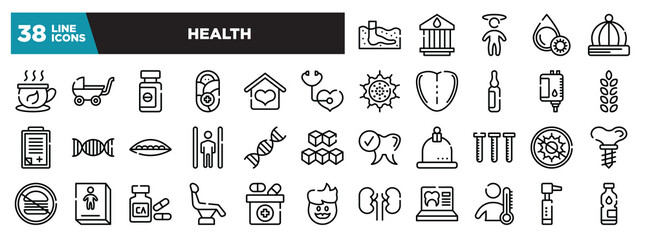 Obraz na płótnie Canvas set of health icons in thin line style. outline web icons collection. thalassotherapy, blood bank, dizzy, platelet, baby hat vector illustration