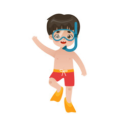 Cute asian boy in snorkeling equipment. Adorable kid diving with mask and flippers. Cheerful snorkeling child.