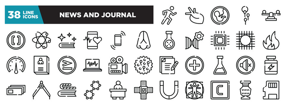 Set Of News And Journal Icons In Thin Line Style. Outline Web Icons Collection. Physical, Organ, Embryo, Fertility, Balancer Vector Illustration