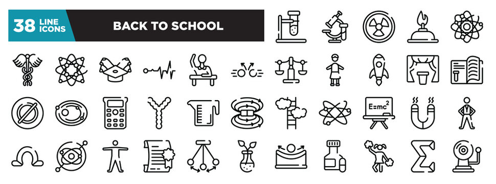 set of back to school icons in thin line style. outline web icons collection. biochemistry, healthcare and medical, hazardous, burn, neutrons vector illustration