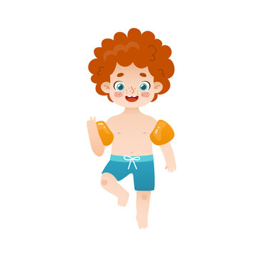 Cute red hair boy in inflatable armbands. Cartoon summer kid in swimwear. Happy child jumping.