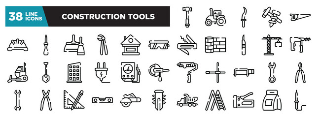 set of construction tools icons in thin line style. outline web icons collection. hammer facinf left, farm tractor, kirpan, construction tools, metal saw vector illustration