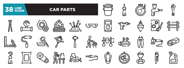 set of car parts icons in thin line style. outline web icons collection. water bucket, norigae, embroidery, spray paint gun, spanner vector illustration