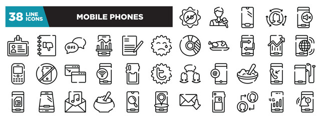 set of mobile phones icons in thin line style. outline web icons collection. ad block, journalists, phone variant shape, remarketing, silence interface phone vector illustration