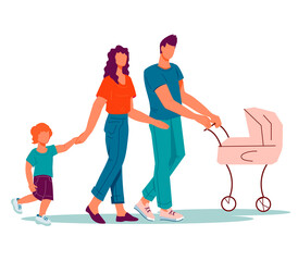 Family couple with two children walking together, flat vector isolated.