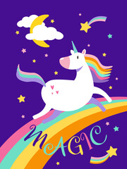 Obraz na płótnie Canvas Vector illustration of a magical unicorn with rainbow and clouds background. Poster with text Magic . EPS