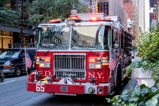 New York, United States of America - September 20, 2019: A fire truck parked in the streets of Manhattan.