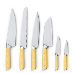 Set of chef's kitchen knives with a wooden handle isolated on white background.