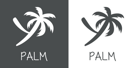 Logotipo texto Palm con letra Y en tipografía con forma de silueta de palmera en fondo gris y fondo blanco - obrazy, fototapety, plakaty