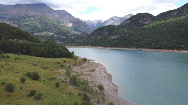 Lake Embalse de Bubal at Valle de Tena in Huesca, Aragon, Spanish Pyrenees, Spain - Aerial Drone View of Water Reservoir