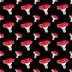Obraz premium Seamless vector pattern with cute cartoon forest mushrooms fly agaric on a black background. Creative design for printing on fabric, Wallpaper and scrapbooking. EPS
