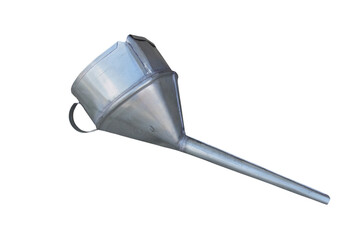 metal funnel on a white background,metal funnel for gasoline filling with a long spout, galvanized funnel for fuel filling