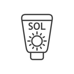Vacaciones de verano. Crema solar. Logotipo lineal con texto Sol en español en botella con líneas en color gris